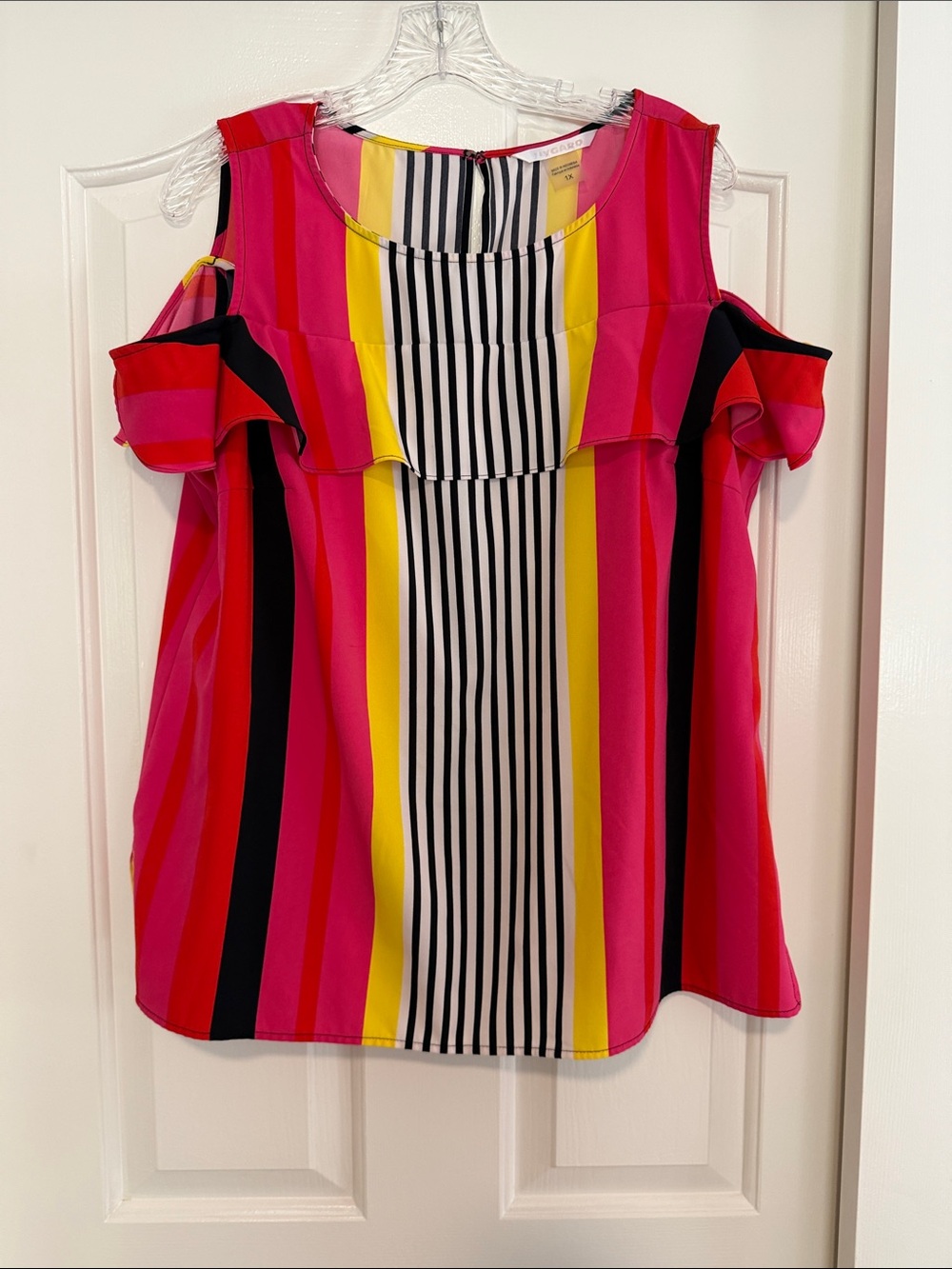 Peter Nygard Pink, Yellow & Black Striped Cold-Shoulder Blouse